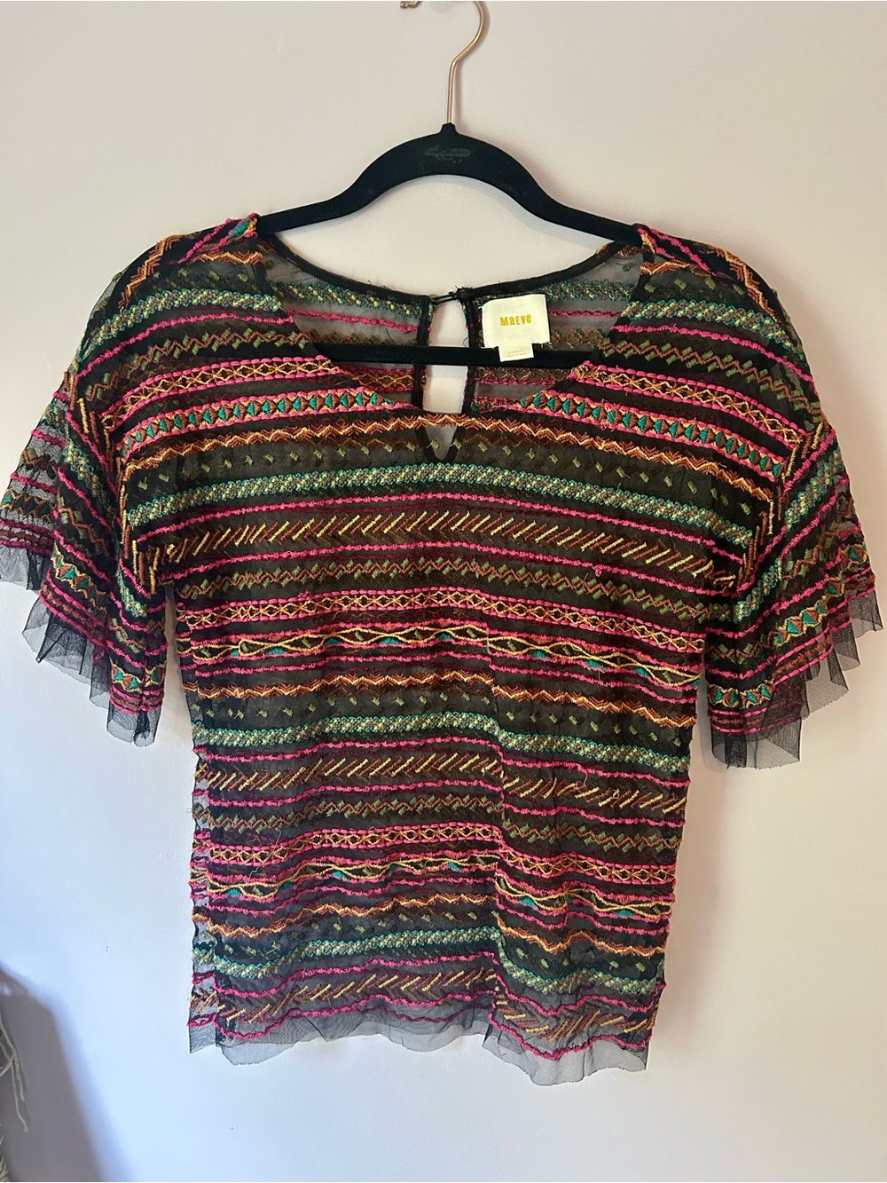 Anthropologie Black Sheer Multicolor Embroidered Short Sleeve Top